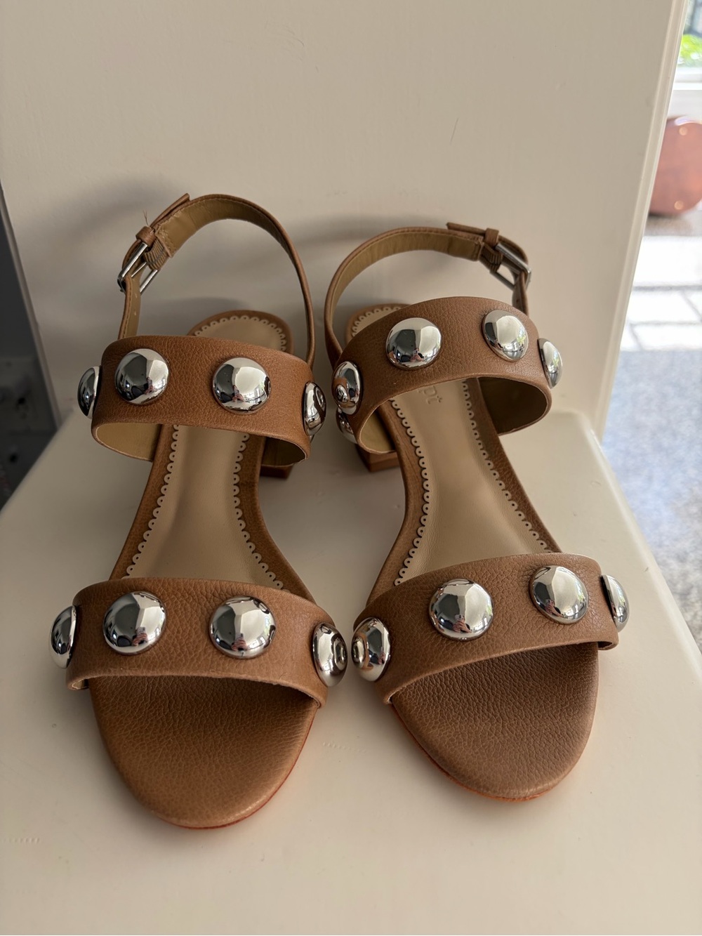 cinq a sept Tan Leather Studded Slingback Sandals